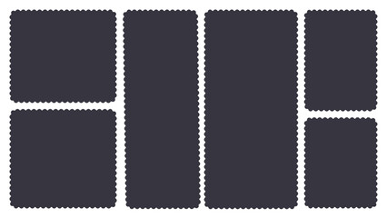 Scallop edged frame template. Bentoblack grid shapes. Geometry modular moodboard borders with perforation. Label textboxes Lace frill pack. Trendy blocks blank layout. Vector flat illustration.
