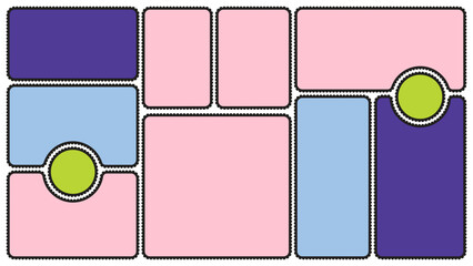 Scallop edged frame template. Bento collage grid shapes. Geometry modular moodboard borders with perforation. Label textboxes Lace frill pack. Trendy blocks blank layout. Vector flat illustration.