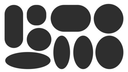 Scallop edged frame templates set. Oval and rectangle shapes. Geometry borders with perforation. Label textboxes Lace frill pack. Trendy blocks blank layout. Vector flat illustration.