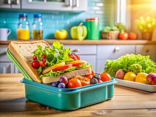 Colorful Lunch Box on Kitchen Countertop - Panoramic Stock Photo