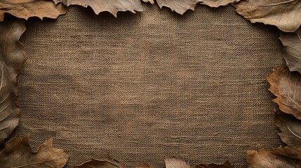Dried leaves frame a rustic burlap background. Perfect for autumnal designs and fall-themed projects.