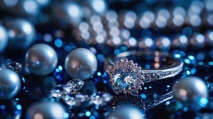Beautiful rings and necklaces on dark blue surface, AI generated image