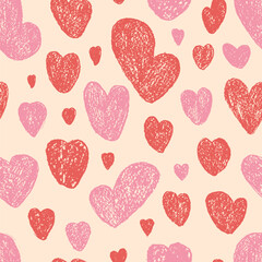 Hearts crayon drawn seamless pattern. Valentines day repeat background painting by pastel. Love symbols endless backdrop. Surface pattern design romantic date motif. Vector hand drawn illustration.