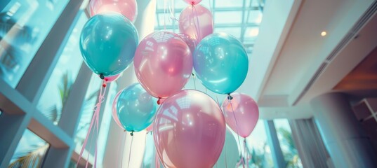 Marketing team prepares boardroom with festive balloons and posters for team celebration event