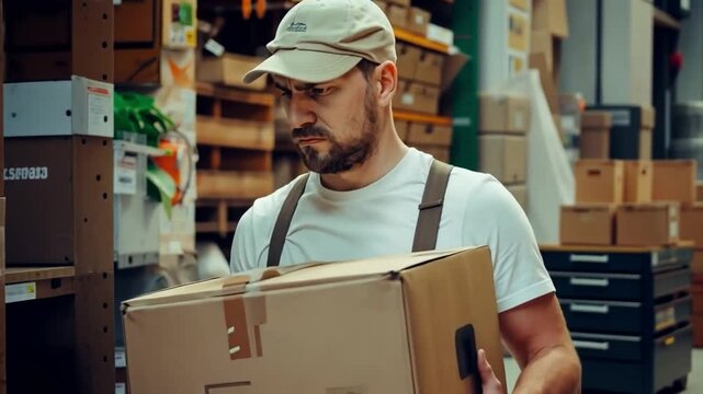 This image features a delivery worker holding a package. The setting is lively and showcases a dedicated employee at work. Great for articles on logistics or entrepreneurship. Generative AI