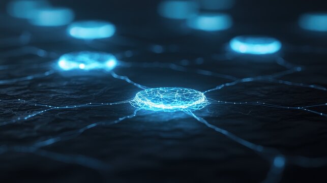 A close-up view of glowing blue connections resembling a network on a dark surface, suggesting themes of technology and digital communication.