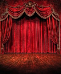 Fototapeta premium Theater stage, red velvet curtains, dramatic lighting, ornate gold trim, plush carpeting, spotlight, performance space, empty stage, classic theater design, rich textures, theatrical atmosphere, antic