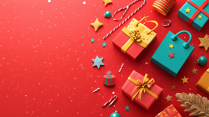 Obraz premium Festive Holiday Gifts and Decorations on Red Background