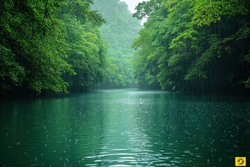 Obraz premium Calm river surrounded by lush greenery during a rainy day in a tropical rainforest setting