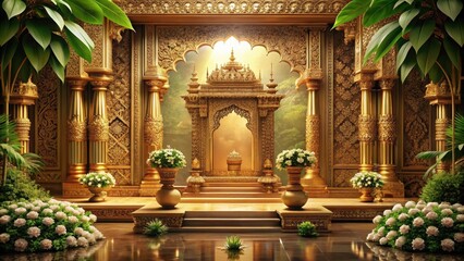 Fototapeta premium Opulent Golden Palace Sanctuary with Intricate Carvings and Lush Floral Arrangements