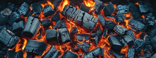 Glowing hot coals, vibrant orange flames, burning embers, extreme close-up, dark background, high contrast, intense heat, fiery textures, charred wood, campfire atmosphere, detailed combustion, mesmer