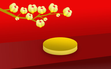Podium circle  for show product. with flowers  and red background. 