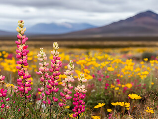Obraz premium Blooming wildflowers in vibrant colors thrive after weather shift, showcasing nature beauty