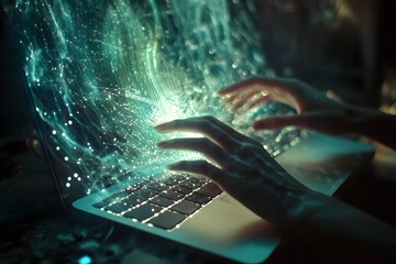 Woman s Hands Typing on Sleek Laptop with Luminous Metaverse Hologram and Swirling Digital Matrix