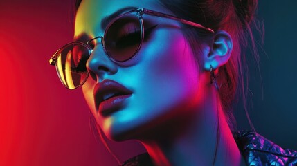 Cyberpunk portrait, woman with short dark hair, neon lighting, blue and red gradient background, futuristic sunglasses, high contrast, dramatic shadows, retro-futuristic aesthetic, intense gaze, cinem