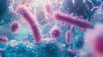 Microscopic View Of Pink And Blue Bacteria Clusters