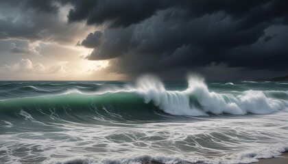 Fototapeta premium Violent storm brewing over ocean with waves crashing against shore, crashing, waves