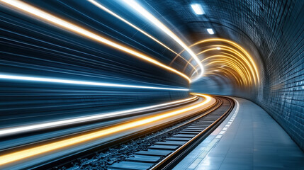 Colorful light trails in tunnel create sense of motion and speed
