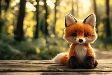 Adorable Handmade Fox Sitting on Wooden Surface
