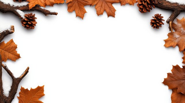 Autumn Leaves Frame: A rustic, autumnal frame crafted from fallen leaves, pine cones, and branches. The vibrant orange and brown hues of the foliage create a warm and inviting border.