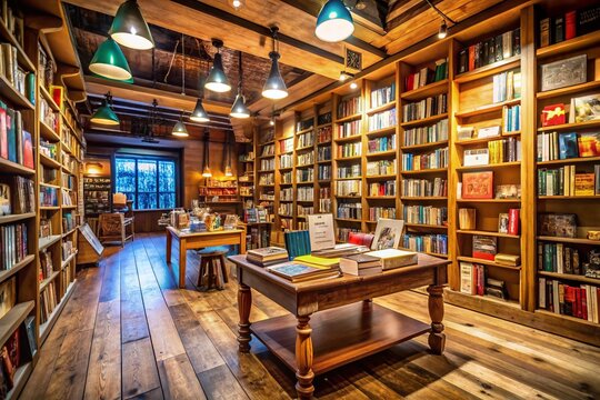 Cozy Bookstore Corner with Bookshelves and Empty Space for Text