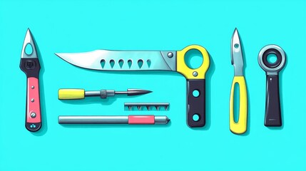 A Flat-Lay Arrangement of Diverse Hand Tools on a Teal Background