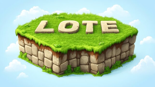 A floating island lot with the word "Lote" carved into its grassy surface