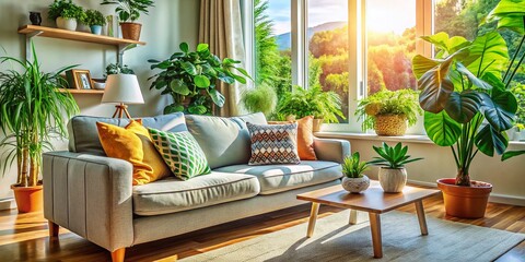 Cozy Living Room with Natural Light, Sofa & Plant - Warm Atmosphere Stock Photo