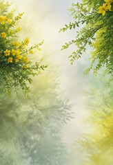 Obraz premium Watercolor background with yellow and green hues resembling a spring morning, spring morning, springtime
