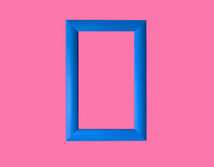 Modern rectangular picture frame, wall art in pop style. Blue border on pink background. Stylish...