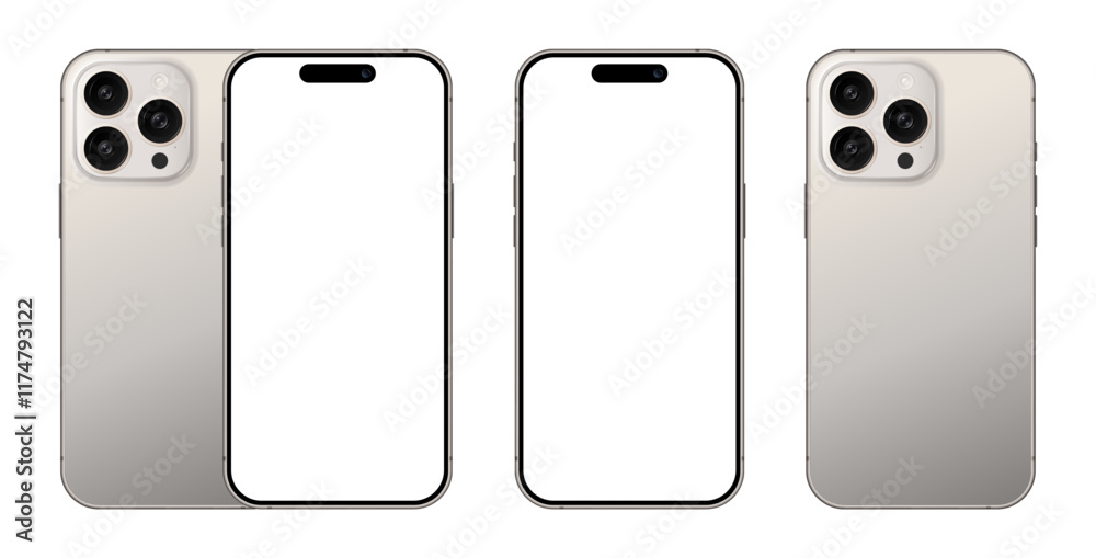 Wall mural iphone 15 and 16 pro max realistic mobile phone devices blank display mockups. set of smartphone wit