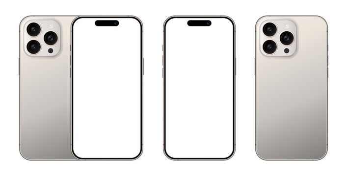 iPhone 15 and 16 Pro Max realistic mobile phone devices blank display mockups. Set of smartphone with triple camera front back view template for product presentation. Modern vector illustration