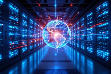 Glowing digital globe with data connections surrounded by vibrant server racks, futuristic sci-fi style, in a data center. Concept of technology. Ai generative