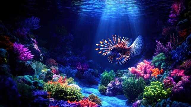 Lionfish swimming in vibrant coral reef, sunbeam illuminating scene.