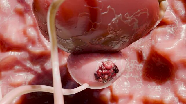 Prostate cancer stages. ancerous cells, malignant tumor compresses urethra. Pathological disruption, genital reproductive system anatomy, bladder Oncological or Urological Disease, bph, 3d render