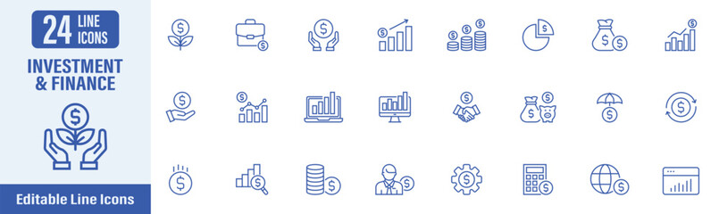 Investment and Finance line icon set. Contains icons as investment, financial, fund, economy, income, investor, interest, stock, asset, cashflow, money and more. Vector illustration.