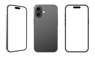 Realistic mobile phone front back side view mockup template. Black frame smartphone blank display user interface vector illustration