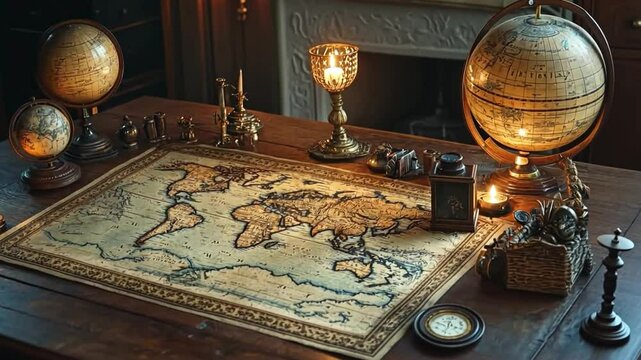 This image captures a detailed vintage world map on an elegant wooden table. The setting includes globes and candles, symbolizing exploration and knowledge. Generative AI