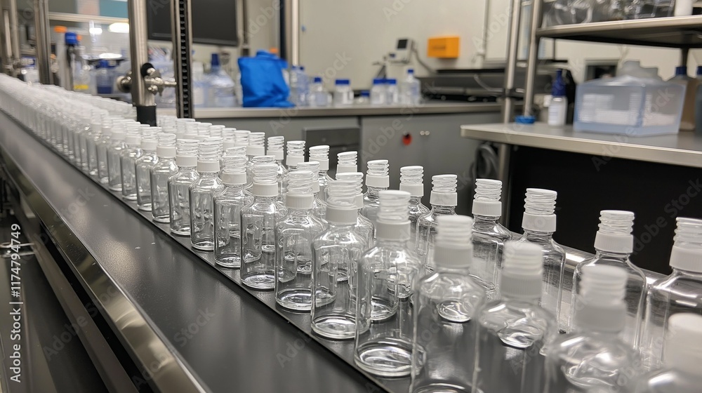 Poster rows of elegant clear glass dropper bottles are neatly arranged on a conveyor belt within a contempo