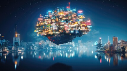 Fototapeta premium Floating City Lights Night Sky Metropolis