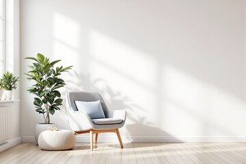 Minimalist living room with a light gray armchair, potted plants, and a woven pouf on a wooden floor, illuminated by sunlight. Concept of modern decor. Ai generative