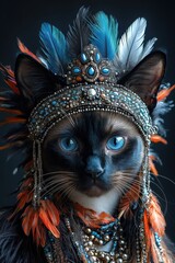 Hyper-detailed cat portrait, tribal headdress, vibrant blue feathers, intricate metal necklace, piercing blue eyes, silver fur, dramatic lighting, fantasy feline warrior, mystical atmosphere, high con