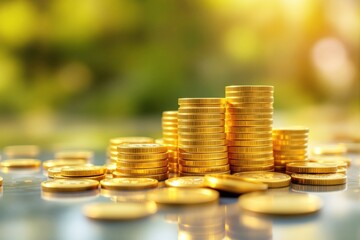 A pile of shiny golden coins stacked on a reflective surface in soft sunlight against a blurred natural background. Concept of wealth and prosperity. Ai generative