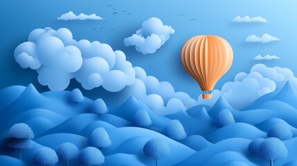 Obraz premium A papercraft hot air balloon ascends above a stylized, blue, mountainous landscape