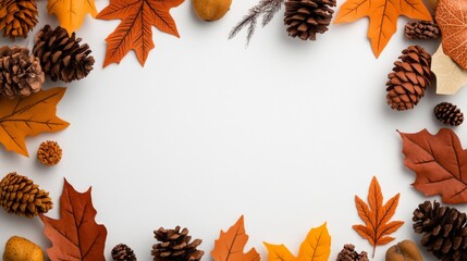 Autumnal Frame: A captivating arrangement of autumn leaves, pinecones, and acorns creates a rustic frame, perfect for seasonal greetings or Thanksgiving designs.