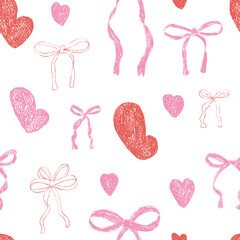 Hearts and coquette bow crayon drawn seamless pattern. Valentines day repeat background. Love and bowknots ribbon symbols endless backdrop. Romantic and girly date motif. Vector hand drawn cover.