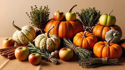 evoking a cozy, seasonal atmosphere, with the fruits and vegetables artfully arranged to create a sense of abundance and natural beauty, set against a soft, contrasting background that accentuates 