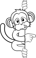 A monkey cartoon character animal behind a sign peeking around and pointing at it