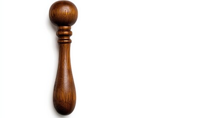 Elegant Wooden Handle: A close-up shot of a dark brown, exquisitely crafted wooden handle, possibly for a tool or utensil, showcases its smooth texture and refined design.