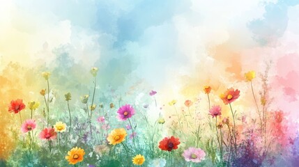 Fototapeta premium Watercolor Painting of Colorful Flowers in a Field